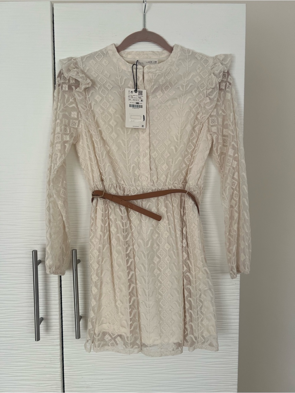 Zara Cream Lace Long-Sleeve Dress with Brown Belt
